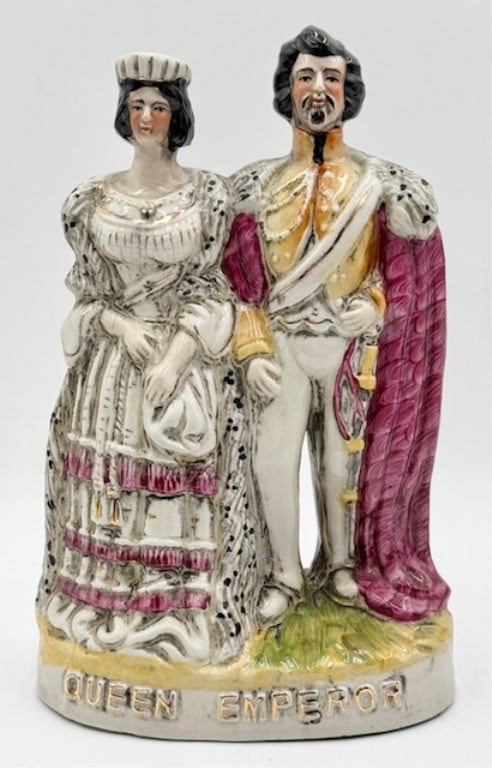 Staffordshire Pottery Queen & Prince Figurine: Large antique Staffordshire Pottery Queen Victoria and Prince Albert figurine. No markings on the bottom. Approximately 11"h. Photos are considered part of the condition and description. 808-6