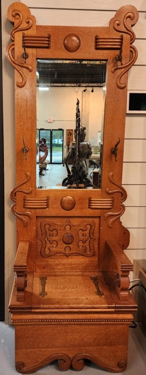 Vintage Mirrored Oak Storage Hall Tree (1 of 6)