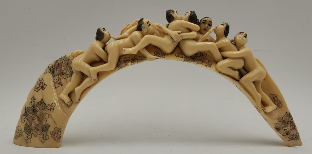 Vintage Composite Tusk Asian Figural Carving: Vintage composite tusk Asian figural carving. Featuring an exotic scene. Artist signed. Approximately 4.5"h x 9"w. Photos are considered part of the condition and description. Y