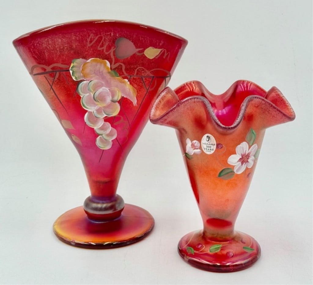 Pr. Vintage Fenton Red Hand Painted Art Glass (1 of 13)