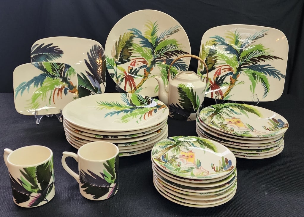 Gien France Jardins Extraordinaires Dinnerware: Collection of Gien France Jardins Extraordinaires dinnerware. Made in France. Some chips present in dinner plates. Includes 4 serving platters, 2 mugs, 8 dinner plates, 8 salad plates, 8 bread plates,