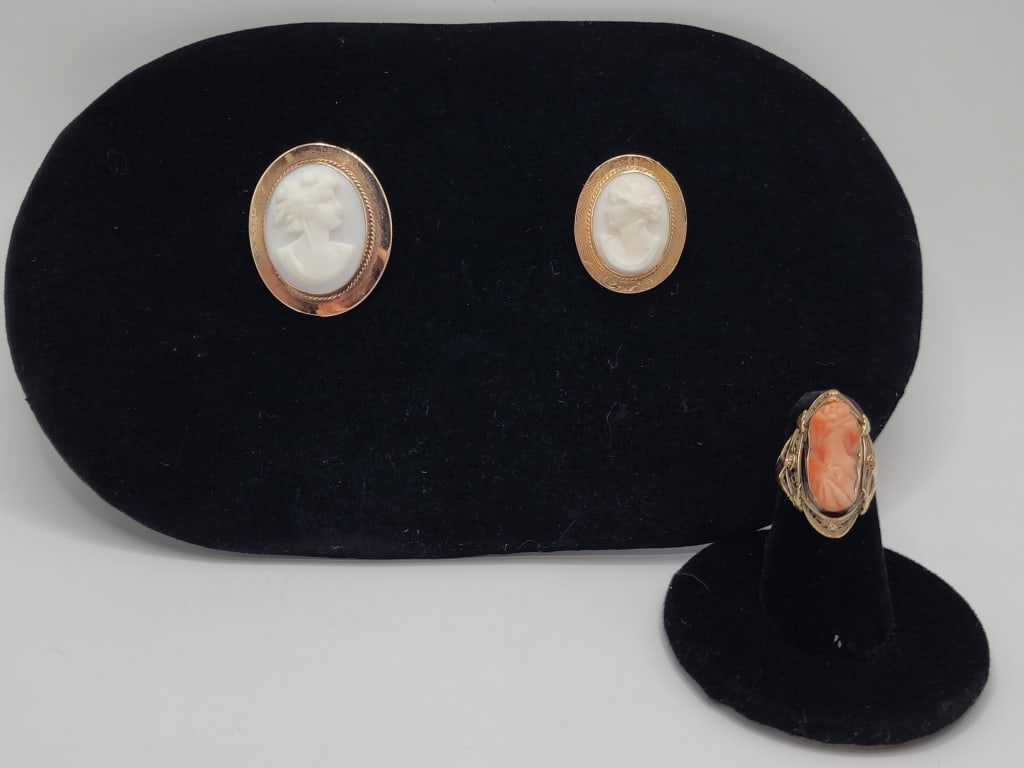 2 Beautiful 10k Cameo Brooches and Ring - 13.7g TW (1 of 13)