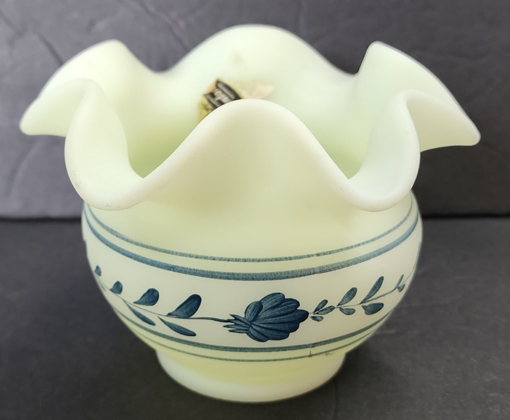 Hand Painted Fenton Satin Uranium Rose Bowl: Hand painted Fenton satin uranium glass ruffled rose bowl. Artist signed, JK Spindler. Approximately 3.5"h x 5"w. Photos are considered part of the condition and description. 715-11