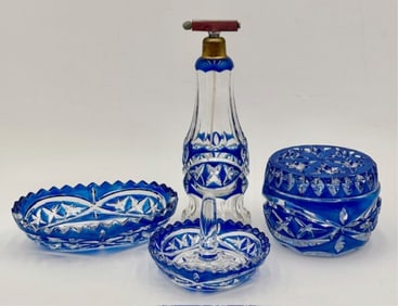 Vintage 4pc Blue Overlay Dresser Set