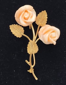 18k Pink Coral Rose Brooch - 7.3g TW