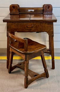 Antique Sewing Desk & Chair: Antique sewing desk and chair. No sewing machine included. Removable back storage trim. Small chair features small side pull drawer. In excellent condition. Desk approximately 36"h x 29"w closed (58"w