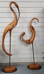 Pair of MCM Wooden & Brass Bird Sculptures