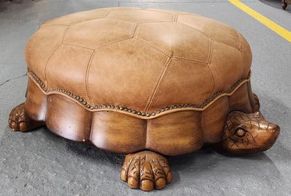 Lg. Carved Wood Leather Topped Tortoise Ottoman