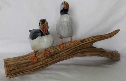Hand Crafted Puffins On Driftwood Sculpture