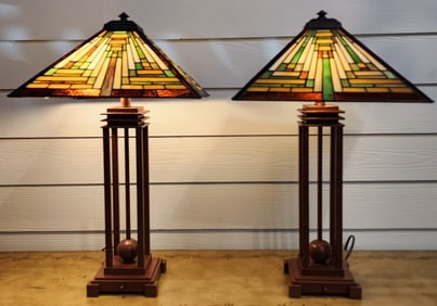 Pair Of Beautiful Tiffany Mission Style Lamps