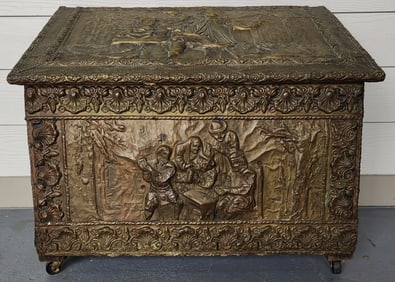 Vintage Brass Over Wood Kindling Storage Box