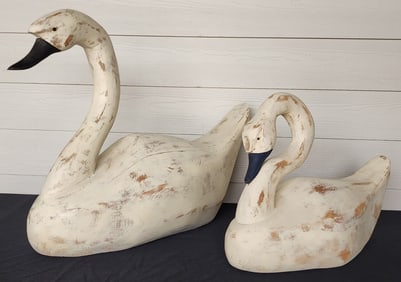 Pair of Hand Carved Wooden White Swan Decoys