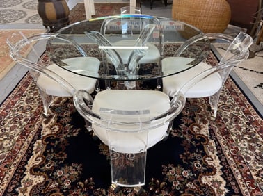 Mid Century Glass Top Table w/Lucite Base & Chairs