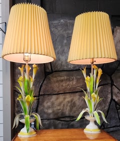 Pair Vintage Tall Tulip Tole Table Lamps