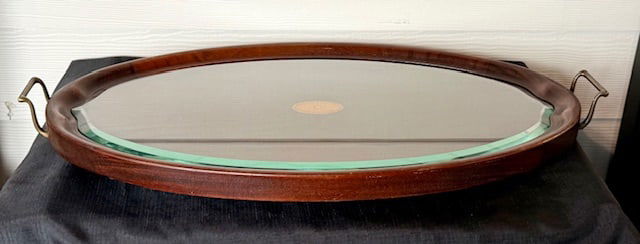 Vintage Oval Intarsia Glass Top Serving Tray