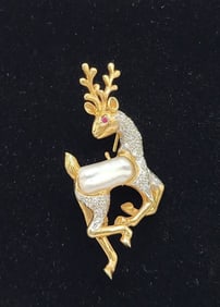 14k Pearl & Diamond Deer Brooch - 11.6g TW