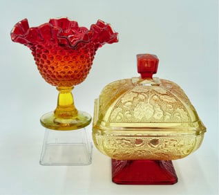 Vintage Amberina Glass Candy Dish and Vase