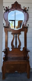 Vintage Oak Hall Tree With Mirror