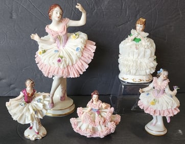 5 Vintage Dresden Lace Porcelain Figures