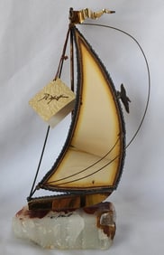 Vintage John Demott Signed Brass Sailboat On Onyx Base