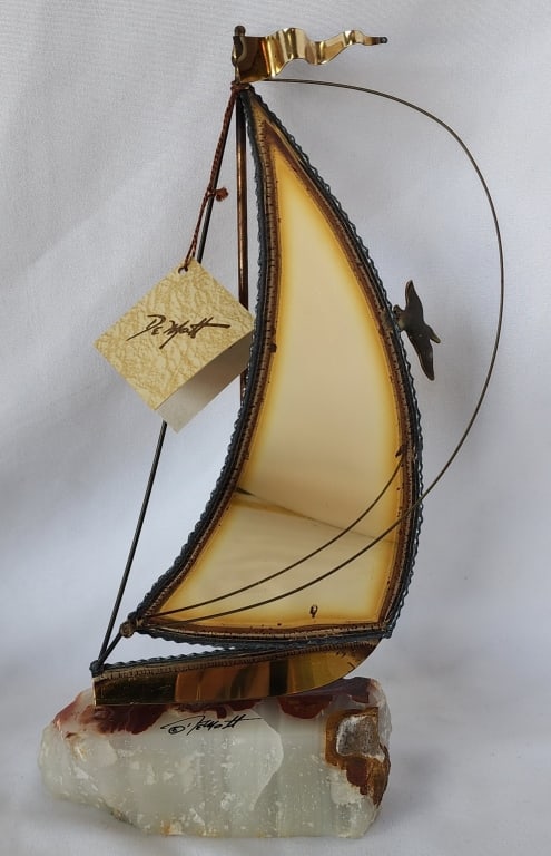 Vintage John Demott Signed Brass Sailboat On Onyx Base