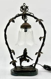 Andrea by Sadek Bronze Children Leap Frog Lamp: Andrea by Sadek bronze art nouveau style table lamp. Featuring a floral arch with children playing leap frog underneath. On marble base. In working condition. Glass shade may not be original.