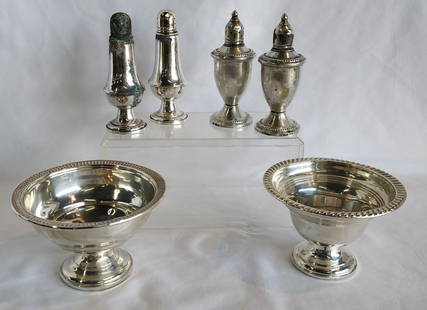 Sterling Compotes and S&P Shakers: Sterling compotes and salt and pepper shakers. 2 Sterling weighted compote bowls. Approx. 3.25"H. 2 Sets of sterling weighted salt and pepper shakers. Duchin Creation S&P approx. 4.5"H. Alvin