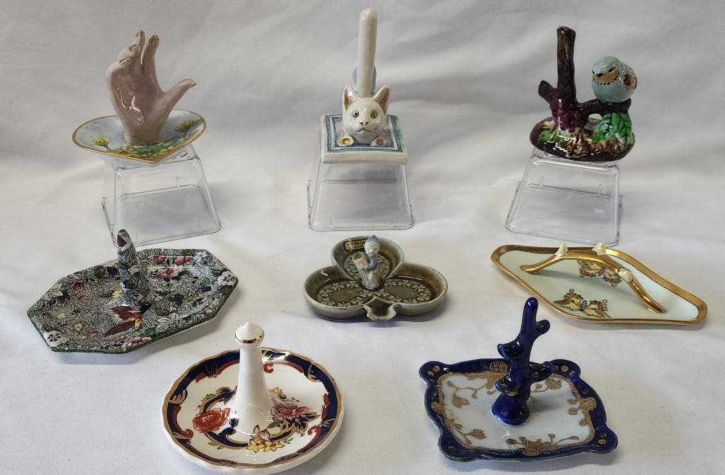 Collection of Assorted Porcelain Ring Holders: Collection of assorted porcelain ring holders. Various sizes, styles, and marks including Limoges France and Mason's. Sizes vary from2"H - 3.5"H X 5"W Photos are considered part of the condition and d