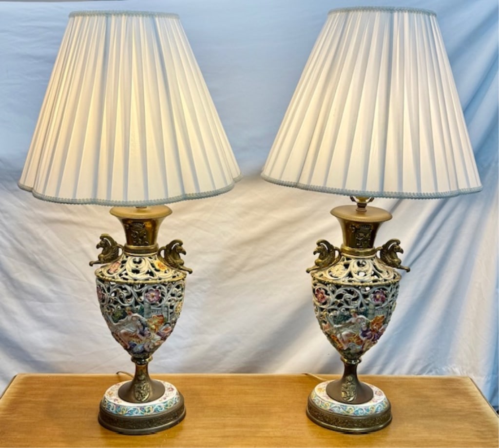 Pr. Antique Ardalt Capodimonte Style Table Lamps: Pair of antique Ardalt Capodimonte style porcelain lamps. Featuring hand painted scenes and brass accents. In working condition. Approximately 34.5"h. Photos are considered part of the condition and d