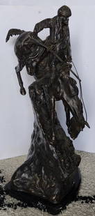 Signed Remington Mountain Man Bronze Statue: Signed Frederic Remington 'Mountain Man' bronze statue. On marble base. Approximately 29"h x 11"w x 12"d. Photos are considered part of the condition and description. 505-7