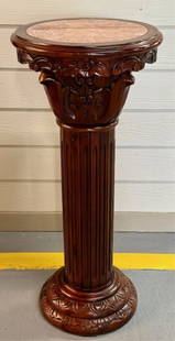 Design Toscano M.T. Imperial Pedestal Column: Design Toscano marble top imperial pedestal column plant stand. Cherry hardwood and marble. Excellent condition. Approximately 36.5"h x 16" round. Photos are considered part of the condition and descr