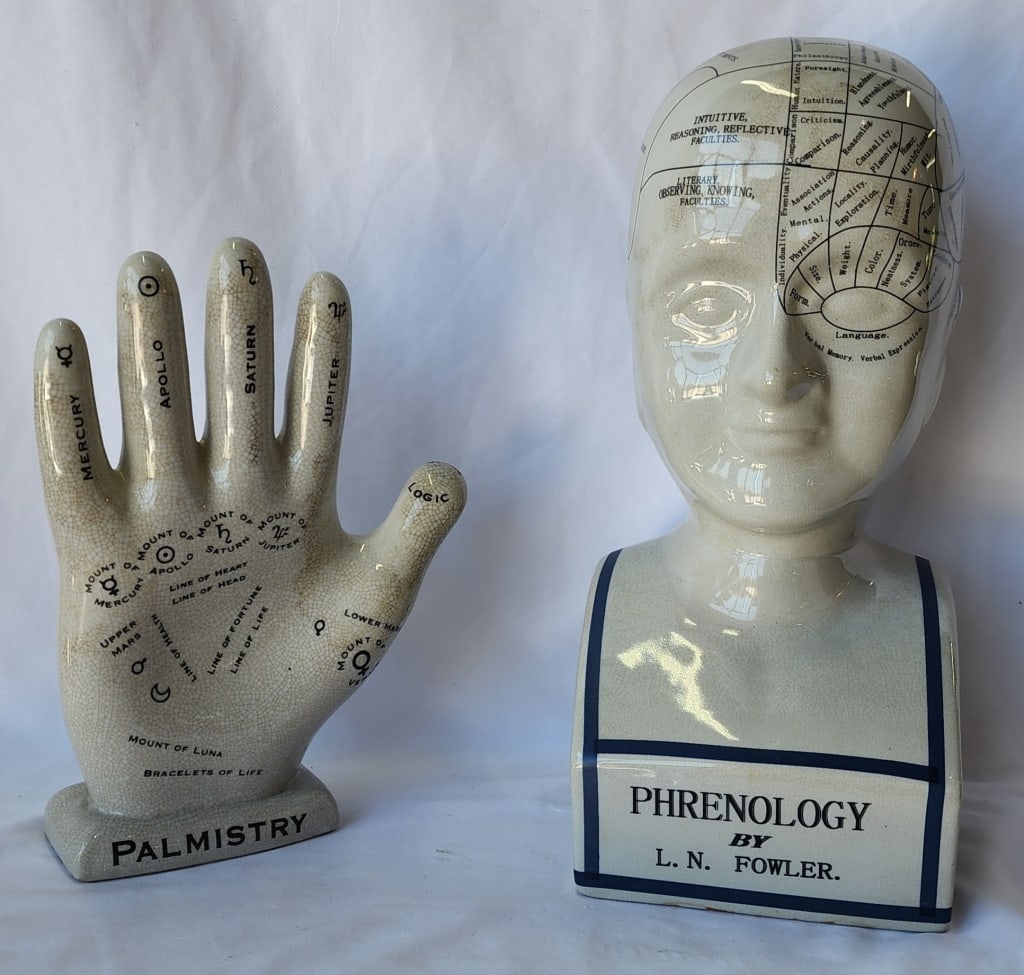L.N. Fowler Phrenology Bust & Palmistry Hand (1 of 10)