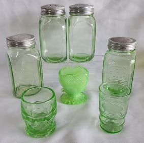 Assorted Uranium Glass Kitchen Counter Accessories