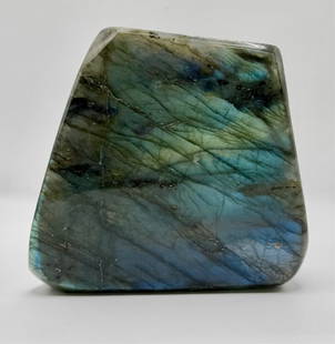 Natural 5" Polished Labradorite Crystal: Natural 5" polished labradorite crystal. Beautifully colored. Approx. 5"H x 5"W x 2"D. Photos are considered part of the description and condition. 110-101