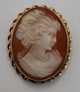Beautiful 14k Cameo Brooch: Beautiful 14k cameo brooch. Approx. 30mm x 22mm. Photos are considered part of the description and condition. 901-7B