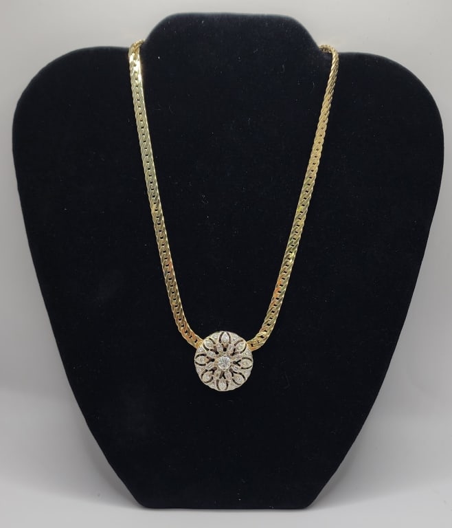 14K Solid Gold Necklace & Pendant - 32.67g TW: 14K Solid yellow gold herringbone necklace with attached 14k solid white gold diamond pendant. Approximately 32.67g TW. Approximately 16.5" long. Pendant approximately 1" dia. Photos are considered pa