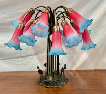Beautiful Dale Tiffany Pond Lily Table Lamp: Beautiful Dale Tiffany pond lily table lamp. Pink and blue tulip shades. In working condition. Approximately 22"h x 24"dia. Photos are considered part of the condition and description. Y