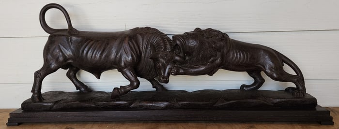 Hand Carved Wooden Lion & Bull Sculpture