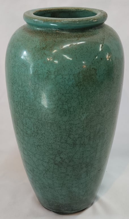 Vintage Green Glaze Stoneware Vase: Vintage green glaze stoneware pottery vase. No chips or cracks. Unmarked. Approximately 10.5"h. Photos are considered part of the condition and description. 620-14