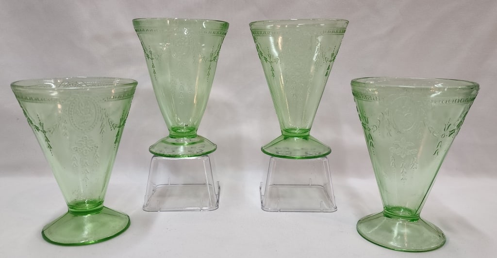 Belmont Tumbler Co. Rose Cameo Footed Tumblers: 4 Belmont Tumbler Co. 'Rose Cameo' footed tumbler glasses. Uranium glass. Approximately 5.25"h. Photos are considered part of the condition and description. R