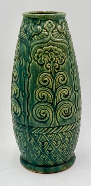 Beautiful Aqua Glazed Pottery Vase: Beautiful aqua glazed pottery vase. Unmarked bottom, possibly Robinson. Art deco design. Small hairline crack present on bottom. Approximately 11.25"h x 3"td x 4.5"bd. Photos are considered part of th