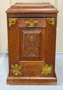 Vintage Arts & Crafts Dark Pine Coal Box: Vintage arts and crafts dark pine coal box. Removable internal tin bin. Brass accents. No shovel. Approximately 20.5"h x 13" square. Photos are considered part of the condition and description. 301