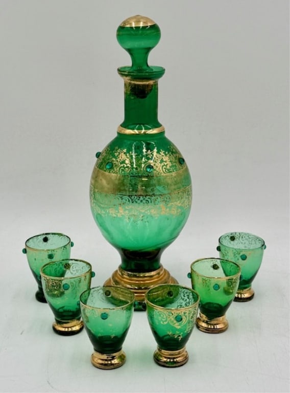 MCM Bohemian Green & Gold Glass Decanter Set (1 of 14)
