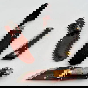 4pc Collection of Vintage Knives: 4pc Collection of vintage knives. Includes 6.75" Sweden made Mora with leather sheath, 7" Schrade USA 152 Old Timer with leather sheath, 11" Normark, and 10.5" Colonial Prov. R.I. pilots survival fold