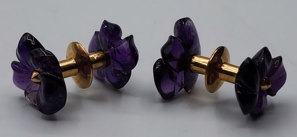 Pr. of 18K Purple Flower Stone Cufflinks 13.56g TW