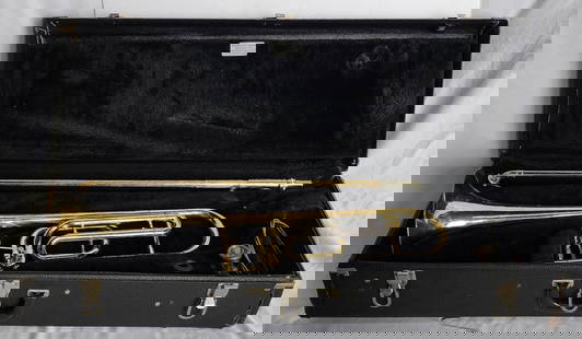Vintage Bach Mercedes II Student Trombone: Vintage Bach Mercedes II student trombone. Includes carrying case. Numbered 87458. In good condition for age with some dents and scratches present. Case approximately 10"h x 35"w 12"d. Photos are cons