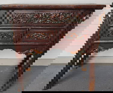 Antique Chinese Alter Table: Antique Chinese alter buffet table. Featuring carved and hand painted details. 3 Drawers. Includes COA. Approximately 34"h x 40"w x 17.5"d. Acquired from Robb & Stucky. Photos are considered part of t