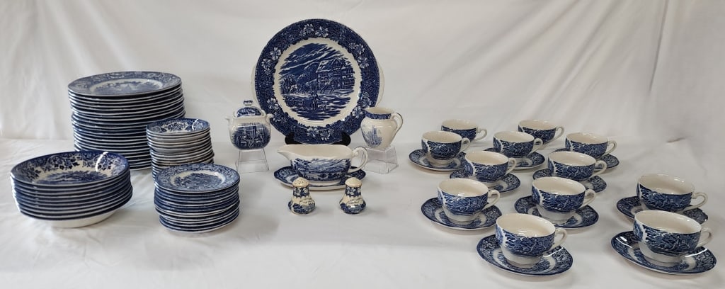 Liberty Blue Staffordshire Ironstone Dinnerware: Large collection of liberty blue Staffordshire dinnerware. Includes six piece place setting service for 10, six piece serving set, platter, salt and pepper shakers, creamer, covered sugar dish, gravy