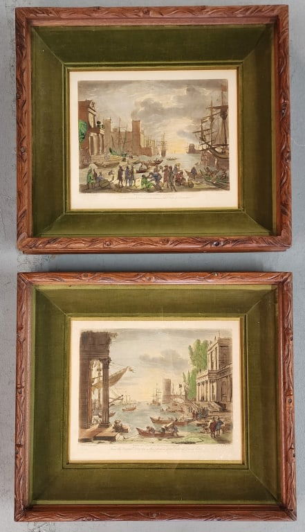 Pr. The Duke of Devonshire Color Enhanced Etchings: Pair of The Duke of Devonshire color enhanced etchings. Created by Claude Lorrain, engraved by Richard Earlom, and published by John Boydell. Framed and matted with green velvet. In good condition for