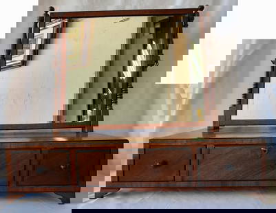Antique George III Mirrored Mahogany Dresser Box: Antique George III mirrored mahogany dresser box. Featuring 3 drawers with center lock and tilting mirror. Key included. In good condition with some wood missing from back corners. Approximately 22.5"